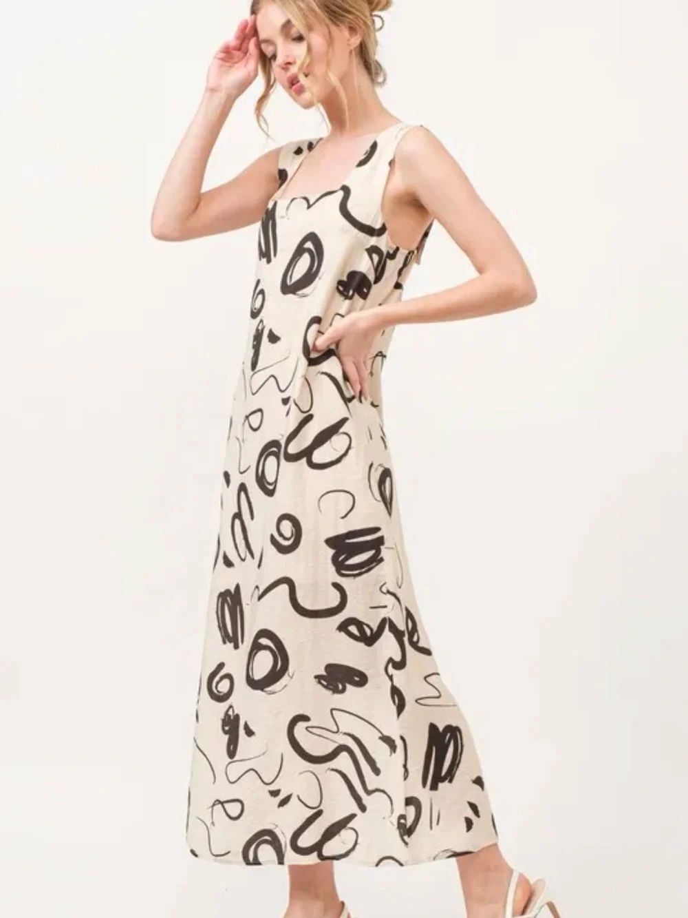 0151 Sleeveless Cream Maxi Dress with Black Abstract Scribble Print